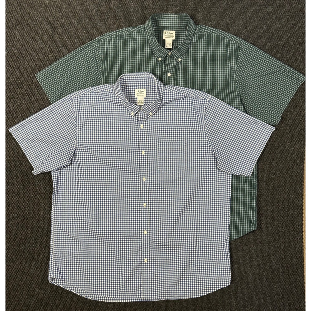LL Bean Short Sleeve Button Down Shirt Lot of 2 Men XXL Blue Green Gingham Plaid